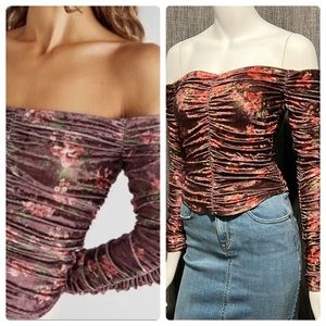 NWOT Free People Reina Velvet Floral Off Shoulder Ruched Top XS Wine Color